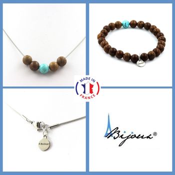 Bracelet Necklace Set Wood + Howlite Turquoise Beads 8 mm. Stainless steel chain.