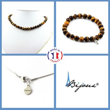 Bracelet Necklace Set Tiger Eye Beads 8 mm. Stainless steel chain.