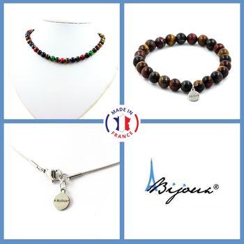 Parure bijoux Bracelet Collier Perles Oeil de Tigre Multicolore 8 mm. Chaine en acier inoxydable.