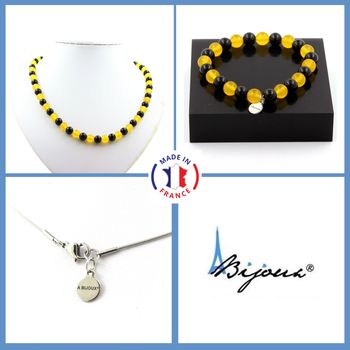 Parure bijoux Bracelet Collier Perles Agate noire + Agate jaune 8 mm. Chaine en acier inoxydable.
