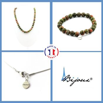 Parure bijoux Bracelet Collier Perles Unakite 8 mm. Chaine en acier inoxydable.