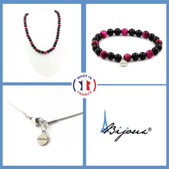 Bracelet Necklace Set Black Agate + Fuschia Tiger’s Eye 8 mm Beads. Stainless steel chain.