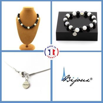 Bracelet Necklace Set Black Agate + Moonstone 8 mm Beads. Stainless steel chain.