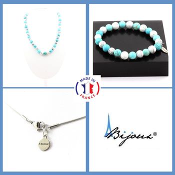 Bracelet Necklace Set Howlite + Howlite Turquoise 8 mm Beads. Stainless steel chain.
