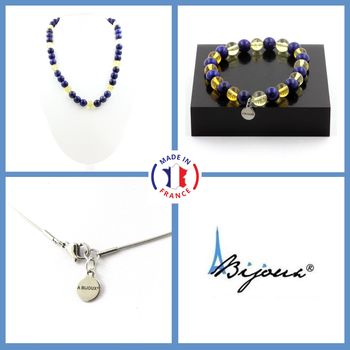 Bracelet Necklace Set Lapis Lazuli + Citrine 8 mm Beads. Stainless steel chain.