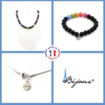 Parure bijoux Bracelet Collier Perles Tourmaline multicolore + Agate noire 8 mm. Chaine en acier inoxydable.