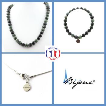 Jewelry set Bracelet Necklace Seraphinite de Russie 8 mm Beads. Stainless steel chain.