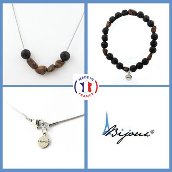 Jewelry set Bracelet Necklace Boulder Opal from Australia + Lava Beads 8 mm. Stainless steel chain.