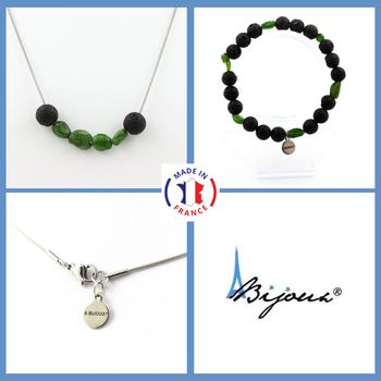 Parure bijoux Bracelet Collier Perles Diopside du Brésil + Lave 8 mm. Chaine en acier inoxydable.