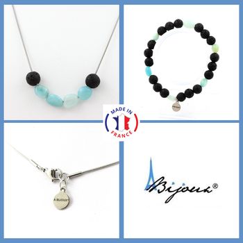 Parure bijoux Bracelet Collier Perles Amazonite du Brésil + Lave 8 mm. Chaine en acier inoxydable.