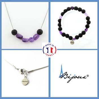 Parure bijoux Bracelet Collier Perles Améthyste du Brésil + Lave 8 mm. Chaine en acier inoxydable.