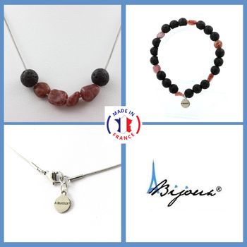 Parure bijoux Bracelet Collier Perles Rubis du Brésil + Lave 8 mm. Chaine en acier inoxydable.