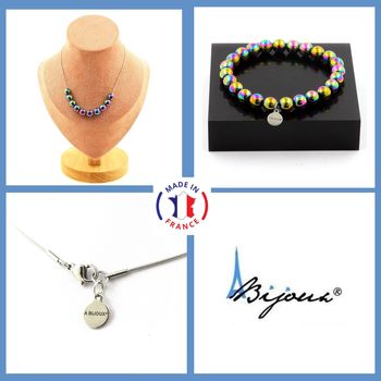 Parure bijoux Bracelet Collier 10 Perles Hématite multicolore 8 mm. Chaine en acier inoxydable.