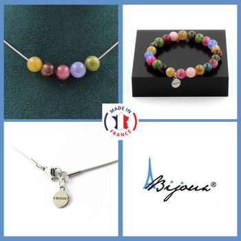 Jewelry set Bracelet Necklace Multicolor Tourmaline 5 Beads 8 mm. Stainless steel chain.