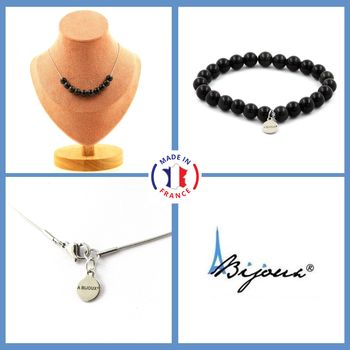 Jewelry set Bracelet Necklace Black Obsidian 10 Beads 8 mm. Stainless steel chain.