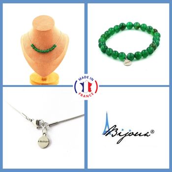 Jewelry set Bracelet Necklace Green Agate 10 Beads 8 mm. Stainless steel chain.