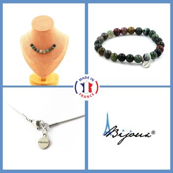 Jewelry set Bracelet Necklace Indian Agate 10 Beads 8 mm. Stainless steel chain.