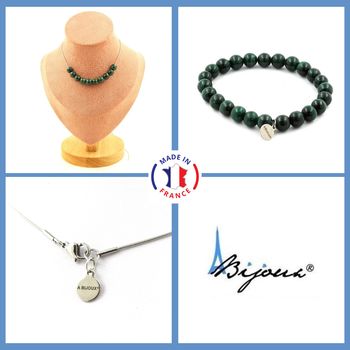 Jewelry set Bracelet Necklace Malachite from Congo quality 7A 10 Beads 8 mm. Stainless steel chain.