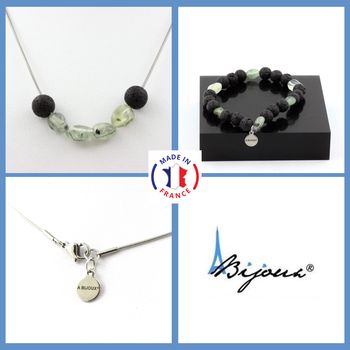 Jewelry set Bracelet Necklace Prehnite from Canada + Lava Beads 8 mm. Stainless steel chain.