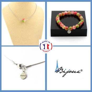 Jewelry set Bracelet Necklace watermelon Tourmaline 1 Bead 8 mm. Stainless steel chain.