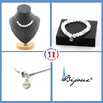 Jewelry set Bracelet Necklace Cracked Quartz from Brazil 10 Beads 8 mm. Stainless steel chain.