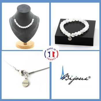 Jewelry set Bracelet Necklace Cracked Quartz from Brazil 15 Beads 8 mm. Stainless steel chain.
