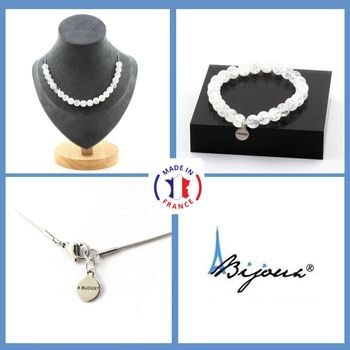 Jewelry set Bracelet Necklace Cracked Quartz from Brazil 20 Beads 8 mm. Stainless steel chain.