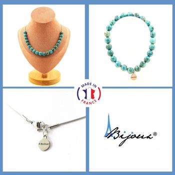 Jewelry set Bracelet Necklace Turquoise from South Africa 20 Beads 8 mm. Stainless steel chain.