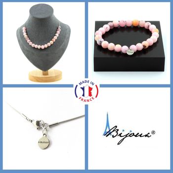 Parure bijoux Bracelet Collier 20 perles Opale rose 8 mm. Chaine en acier inoxydable.