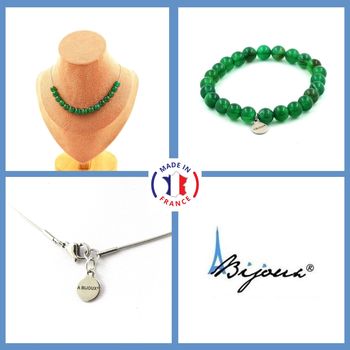 Jewelry set Bracelet Necklace Green Agate 15 Beads 8 mm. Stainless steel chain.