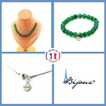 Jewelry set Bracelet Necklace Green Agate 20 Beads 8 mm. Stainless steel chain.