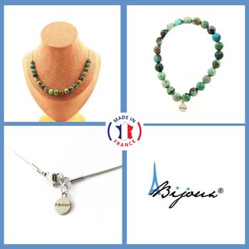Jewelry set Bracelet Necklace Chrysocolla from Namibia quality 7A 20 Beads 8 mm. Stainless steel chain.