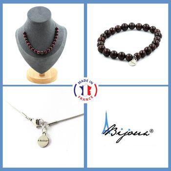 Jewelry set Bracelet Necklace Garnet 20 Beads 8 mm. Stainless steel chain.