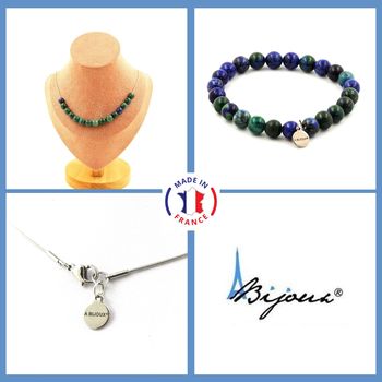 Parure bijoux Bracelet Collier 15 Perles Azurite Chrysocolle 8 mm. Chaine en acier inoxydable.