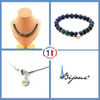 Parure bijoux Bracelet Collier 20 Perles Azurite Chrysocolle 8 mm. Chaine en acier inoxydable.