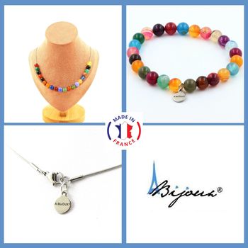 Jewelry set Bracelet Necklace Multicolored Agate 20 Beads 8 mm. Stainless steel chain.