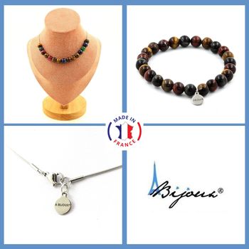 Parure bijoux Bracelet Collier 15 Perles Oeil de Tigre Multicolore 8 mm. Chaine en acier inoxydable.