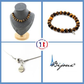 Jewelry set Bracelet Necklace Tiger Eye 15 Beads 10 mm. Stainless steel chain.