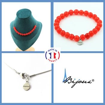 Parure bijoux Bracelet Collier 15 Perles Calcédoine rouge 8 mm. Chaine en acier inoxydable.
