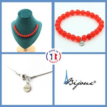 Parure bijoux Bracelet Collier 20 Perles Calcédoine rouge 8 mm. Chaine en acier inoxydable.