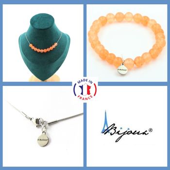 Parure bijoux Bracelet Collier 10 Perles Calcédoine orange 8 mm. Chaine en acier inoxydable.