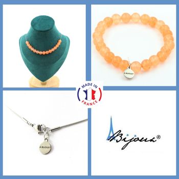 Parure bijoux Bracelet Collier 15 Perles Calcédoine orange 8 mm. Chaine en acier inoxydable.