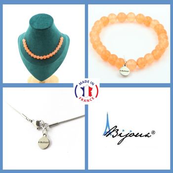 Parure bijoux Bracelet Collier 20 Perles Calcédoine orange 8 mm. Chaine en acier inoxydable.