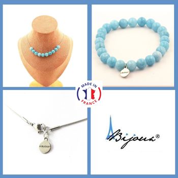 Parure bijoux Bracelet Collier 10 Perles Calcédoine bleu 8 mm. Chaine en acier inoxydable.