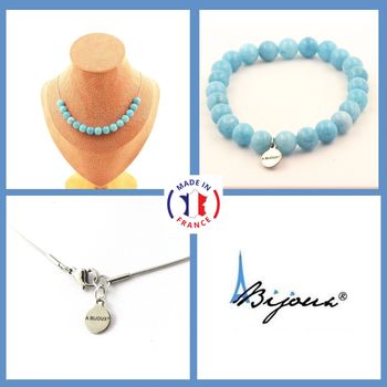 Parure bijoux Bracelet Collier 15 Perles Calcédoine bleu 8 mm. Chaine en acier inoxydable.