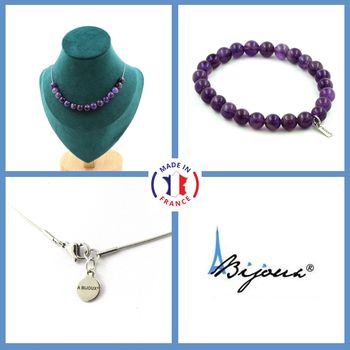 Parure Bracelet Collier 15 perles Améthyste 8 mm. Chaine en acier inoxydable.