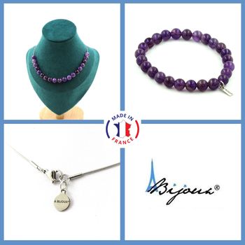 Jewelry set Bracelet Necklace Amethyst 8 mm 20 beads. Stainless steel chain.