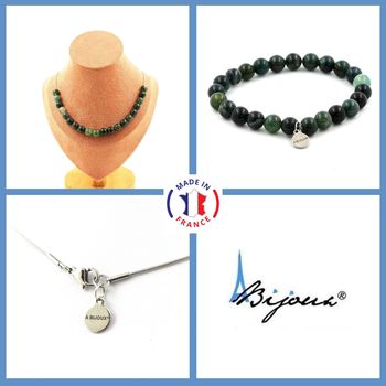 Parure bijoux Bracelet Collier 20 Perles Agate mousse 8 mm. Chaine en acier inoxydable.