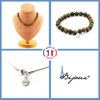 Parure bijoux Bracelet Collier 20 Perles Unakite 8 mm. Chaine en acier inoxydable.