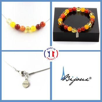 Parure bijoux Bracelet Collier Perles Agate rubanée + Agate jaune + Agate Rouge + Citrine 8 mm. Chaine en acier inoxydable.